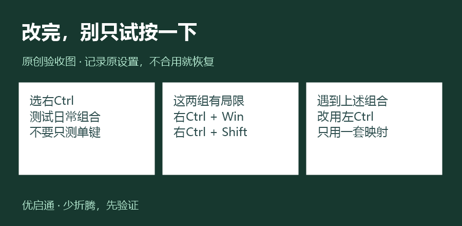 映射后必须验证常用组合,不合用就恢复原设置