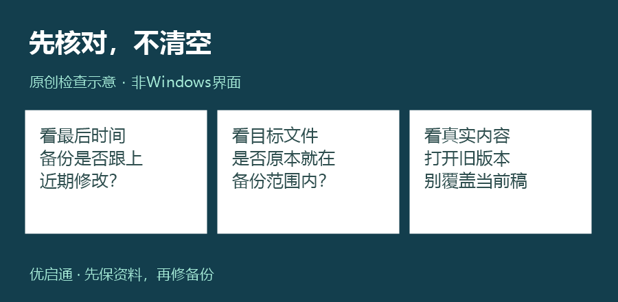 先核对,不清空:最后时间、目标文件与真实内容