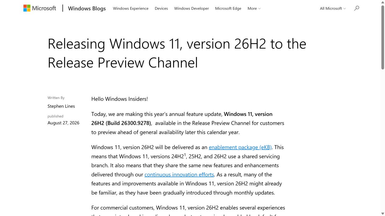 微软宣布 Windows 11 26H2 进入 Release Preview